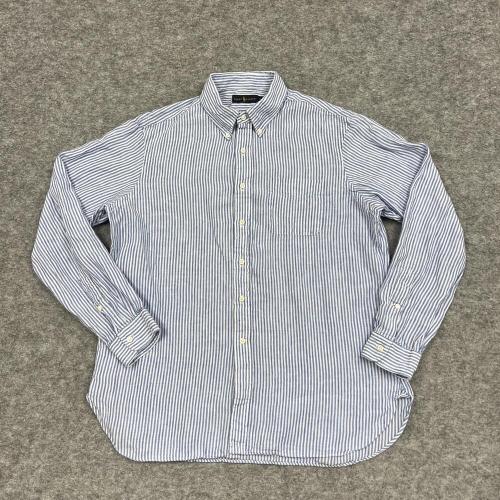 Ralph Lauren Shirt Mens XL Blue Striped Button Linen Button Coastal Ocean Relax